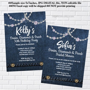 Denim diamond invitation, women birthday party, bridal shower , denim diamond and pearl for any age 30th 40th 45th 50th 60th 1655 image 3