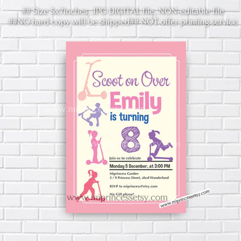 Scooter invitation, girl birthday invite, boy birthday party skateboard biker invite for any age , 413 image 2