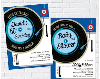 Vintage Vinyl Record Birthday invitation Oldies Rustic Adult Birthday Invitation, boy baby shower for any age  , card 1542