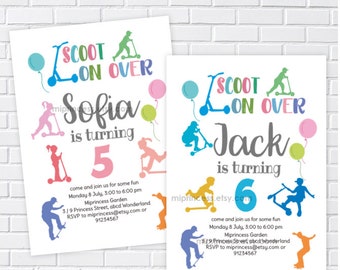 scooter invitation, skateboard girl birthday invite, boy birthday party skater skateboarding invite for any age 5th 6th 7th 8th 9th, 1375