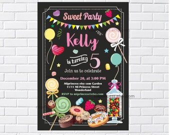 sweet lollipop invitation girl birthday party candy candies chocolate invite for any age 1st 2nd 3rd 4th 5th,  card 837