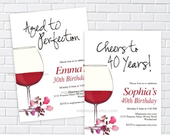 wine invitation, aged to perfection women birthday party invite, floral women birthday any age 30th 40th 50th 70th 80th 60th, 1341