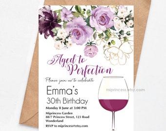 wine invitation purple women birthday invite, Aged to perfection  floral adult birthday any age 30th 50th 45th 60th 80th 90 40th, 1626