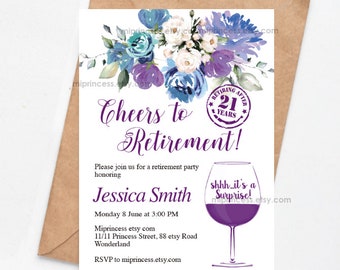 Retirement Invitation Cheers to Retirement retiring Invitation wine Retired  Invitations Retirement red wine digital,  card 1657