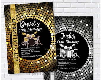 rock music invitation, 70s disco party, live brand music, drum set men birthday woman birthday any age  card 1343