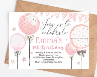 girl birthday invitation, pastel balloon invite, girl birthday party invitation,  for any age 1st 2nd 3rd 4th 5th ,  1403