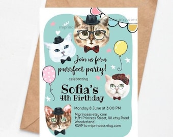 kitten cat invitation, girl birthday party invite, animal party   any age 1st 2nd 3rd 4th 5th 6th 7th 8th 9th card 1520