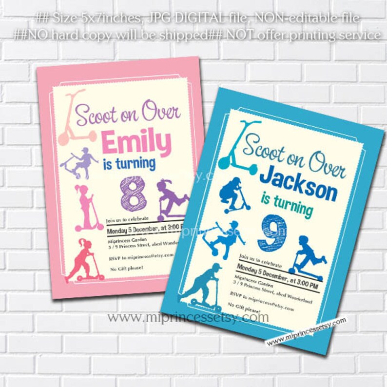 Scooter invitation, girl birthday invite, boy birthday party skateboard biker invite for any age , 413 image 1