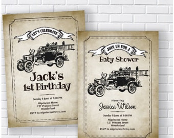 fire truck invitation, boy birthday party, baby shower, men birthday invite, fire engine  fireman printable invitation digital, card 132