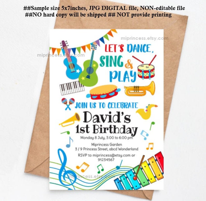 kids music birthday invitation, piano drum guitar invite, musical instruments for boy birthday party any age 1st 2nd 3rd 4th 5th, 1380 image 1