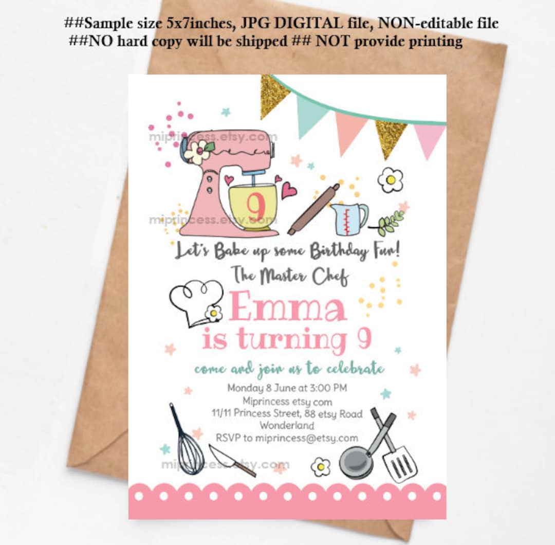 Baking Party Invitation, Cooking Girl, Birthday Party, Chef, Cupcake ...