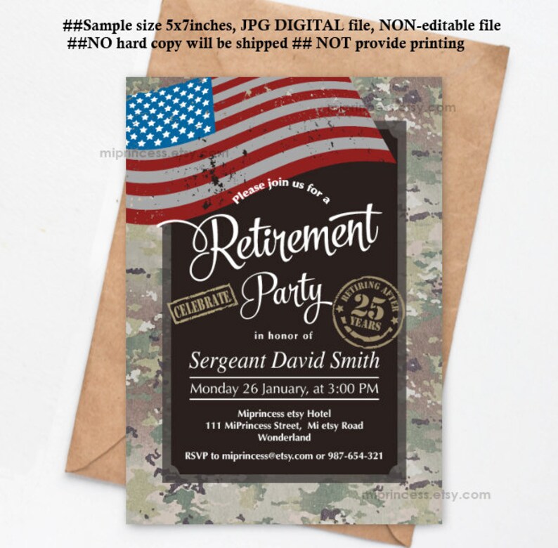 Military Retirement Invitation, printable invite, Army party Retirement party Invitation, card 1075 image 1