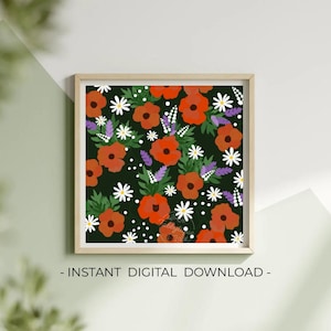Midnight Poppies and Velvet Paws – Elegant Floral Print, Dark Botanical Wall Art, Poppies Art, Poppies in the Dark, Floral Digital Print