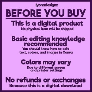 May include: A digital product announcement with the text "BEFORE YOU BUY" in large, purple letters. The image provides information about the digital product, including that no physical item will be shipped and that basic editing knowledge is recommended.
