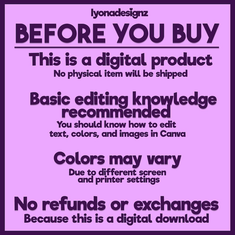 May include: A digital product announcement with the text "BEFORE YOU BUY" in large, purple letters. The image provides information about the digital product, including that no physical item will be shipped and that basic editing knowledge is recommended.