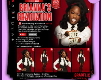 May include: A graduation announcement flyer with the text "Brianna's Graduation" in red and white. The flyer includes a photo of a graduate and details about the event, including the date, time, and location. The flyer is designed to be easily editable.