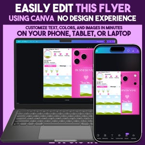 May include: A laptop, tablet, and smartphone display a pink flyer design with a social media theme. The flyer includes the text "EASILY EDIT THIS FLYER USING CANVA NO DESIGN EXPERIENCE". The flyer is customizable on phone, tablet, or laptop.