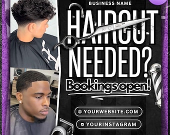 Puede incluir: Gráfico promocional para una barbería, con dos hombres con cortes de pelo nuevos. El diseño incluye el texto "HAIRCUT NEEDED? Bookings open!" con unas tijeras y un poste de barbero. También se muestran las direcciones del sitio web e Instagram.