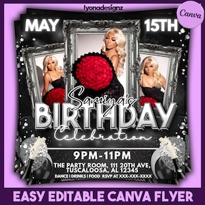 May include: A birthday celebration flyer in black and silver, featuring a woman in a black dress with a red flower bouquet. The flyer includes the text "Samina's Birthday Celebration" and event details.