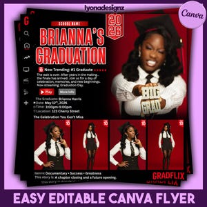 May include: A graduation announcement flyer with the text "Brianna's Graduation" in red and white. The flyer includes a photo of a graduate and details about the event, including the date, time, and location. The flyer is designed to be easily editable.