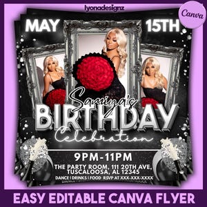 May include: A flyer for a birthday celebration with a black and silver color scheme. The flyer features a woman in a black dress holding a red flower bouquet. Text includes "Samina's Birthday Celebration" and event details.