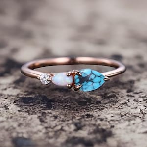 Förlovningsring i vintage turkos opal, vigselring i art déco-stil med moissanit, päronslipade ädelstenar, unik löftering för kvinnor med 3 stenar, silverring