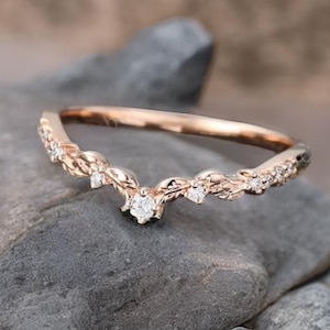 Moissanite Filigran Ehering Rose Gold Diamant Geschwungener Ehering Art Deco Blatt Passend Stacking Band Vintage Promise Band für Frauen