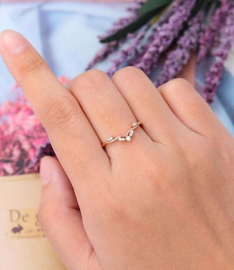 HRG Alianza De Boda Curvada Para Mujer, Oro Amarillo Vintage, Corte Marquesa, Diamante Moissanita, Anillo De Boda De Forma única, Regalo De Promesa Apilable Nupcial