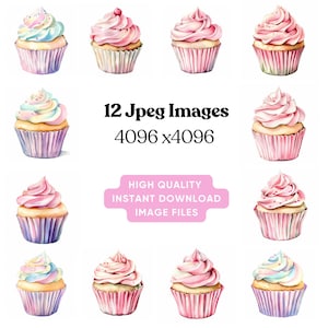 Clipart aquarel cupcake | 12 hoogwaardige jpg-bestanden | Afdrukbaar | Sfeer van zoete lekkernijen | Plakboeken en stickers | Efemere ongewenste tijdschriften