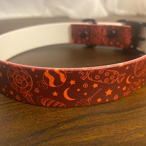 Halloween dog collar, trick or treat biothane with black buckle 14”-16”
