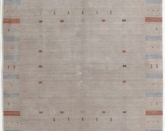 Wool Area Rug, Indo Gabbeh Pattern, Beige And Blue Oriental Design | 6x8 Hand-Made