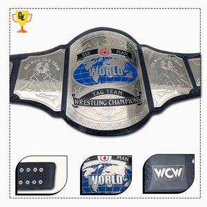 Cinto do Campeonato Mundial de Duplas de Seis Homens da WCW 4 mm | Placas de latão com gravação profunda | Pulseira original de couro bovino