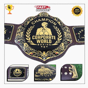 Corporate World Boxing Champion Belt | 4MM Gold Metal Plate | Premium Cowhide Leather Strap | Deep Engraved Boxing Title Belt