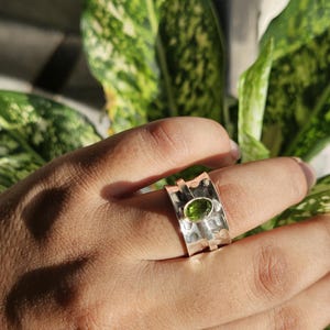 Hammered Sterling Silver Peridot Ring | Wide Band Silver Ring with Green Gemstone | Handmade Boho Statement Ring | August Birthstone Jewelry