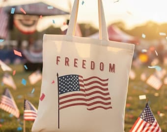 Patriotic Freedom Canvas Tote Bag, Eco-Friendly Shopper, Gift for All-American, Travel Tote, Freedom Flag Tote