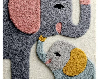 Elephant Nursery Rug – Colorful Animal Carpet, Kids Room Wool Decor