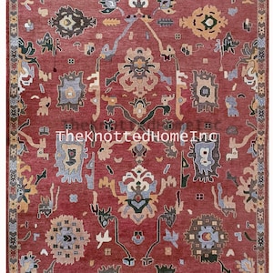 8x10 Oushak Red Terracotta Rug with Tribal Medallions – Hand-Knotted Wool Vintage Turkish Carpet – Boho Living Room Decor