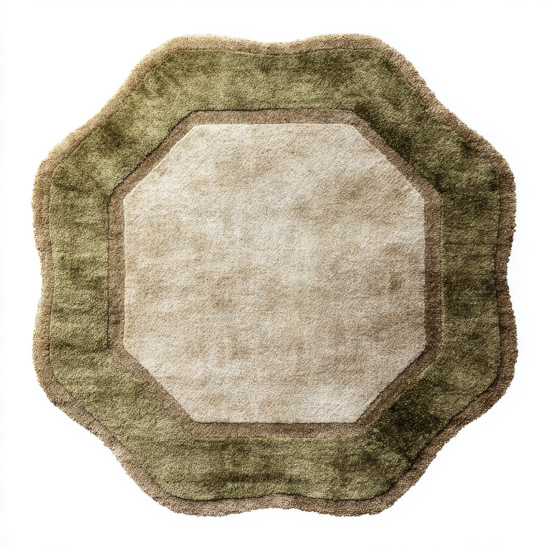 Sage Green Scalloped Edge Octagon Rug Hand Made Wool Carpet for Boho ...