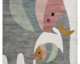 Baby Elephant Rug – Nursery Carpet, children room decor, Animal Theme Hand Tufted Toddler Gift