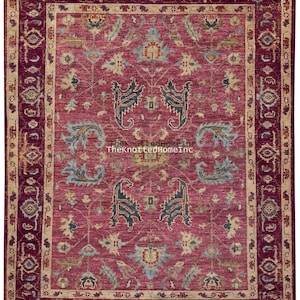8×10 ft Oushak Fuchsia Rug  – Hand-Knotted Vintage Style Pink Wool Area Rug for Boho  Living Room Decor