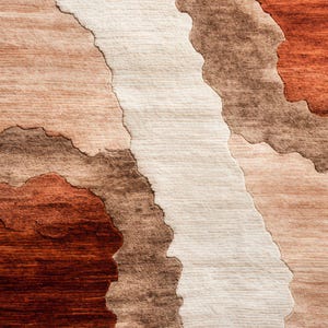 A close-up of the rug showing textured wavy sections in shades of terracotta, brown, and beige.