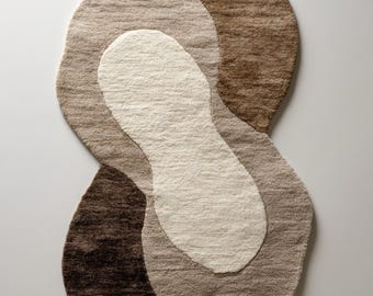Alfombra de forma irregular en tonos neutros – Alfombra abstracta de lana en tonos marrones y beiges – Decoración bohemia moderna