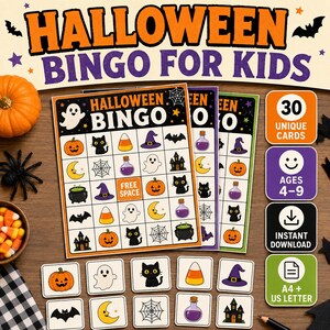 Può includere: Un set di gioco Bingo di Halloween per bambini con tre cartelle illustrate con fantasmi, zucche, gatti neri, pipistrelli e caramelle. Il set include 30 cartelle uniche, uno spazio libero e piccole tessere abbinate. Testo: HALLOWEEN BINGO FOR KIDS.