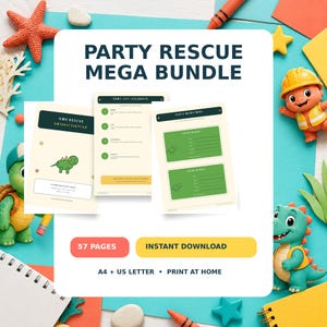 Può includere: Un set stampabile digitale Party Rescue Mega Bundle che include tre pagine con grafiche di dinosauri, inviti e istruzioni. Il testo include 57 PAGES, INSTANT DOWNLOAD, A4 + US LETTER e PRINT AT HOME su uno sfondo bianco.