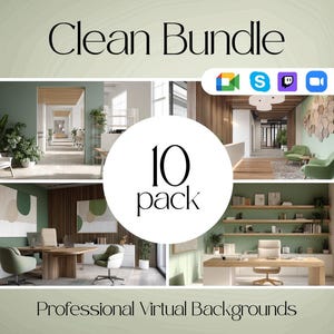 May include: A promotional image featuring a collection of professional virtual backgrounds. The image showcases various interior designs, including office spaces and waiting areas, with a clean and modern aesthetic. Text includes "Clean Bundle", "10 pack", and "Professional Virtual Backgrounds".