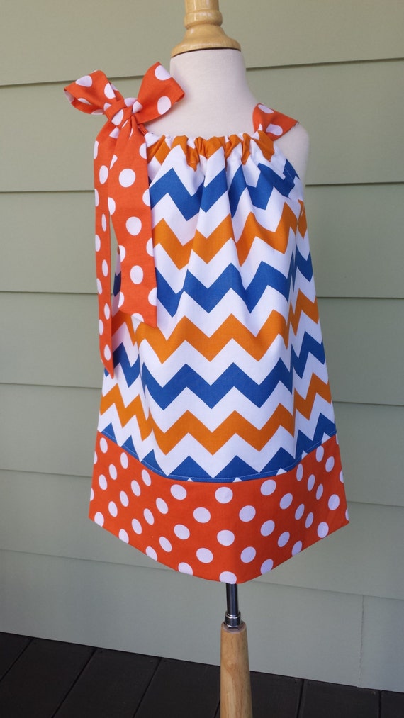 Items similar to Girls Pillowcase Dress in orange, blue & white Chevron ...