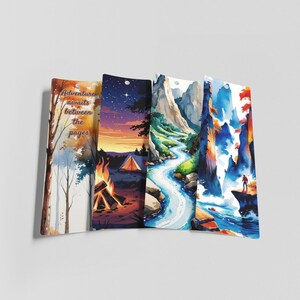 Puede incluir: Juego de cuatro marcapáginas rectangulares con diseños de paisajes en acuarela. Uno de los marcapáginas dice "Adventure awaits between the pages". Los diseños incluyen un bosque, una fogata, un río y una escena de montaña.
