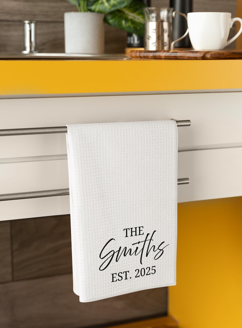 Personalized Eucalyptus Kitchen Towel: Custom Family Name, Housewarming Gift