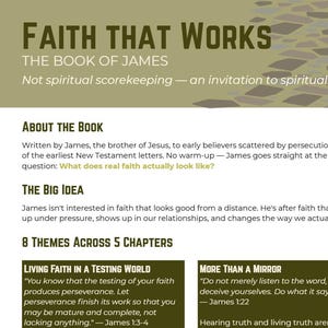 May include: A graphic titled "Faith That Works" and "The Book of James." The text details the book's themes, such as living faith and more than a mirror. The background is light green with a stone pattern.