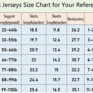 May include: A size chart for kids' jerseys, with measurements in inches and pounds. Includes suggested height, weight, shirt length, shorts length, bust size, age range, and height in centimeters for sizes 16 through 28.